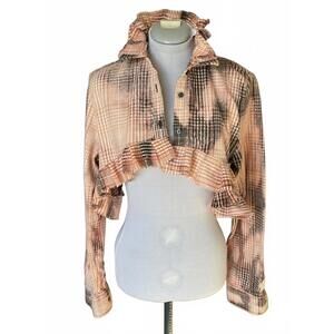 One-of-a-Kind Cropped Ruffle Flannel Upcycled and Distressed Button Up